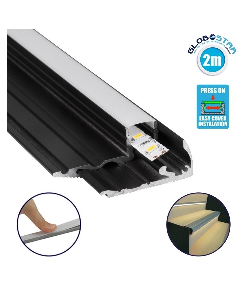 GLOBOSTAR® ALP-STEP-GRIP STAIR 70841-2M Επιφανειακό Προφίλ Αλουμινίου Ειδικό για Φωτισμό Σκαλοπατιού με Λευκό Γαλακτερό Πατητό Κάλυμμα για Ταινίες LED IP20 - Μαύρο & Λευκό - Μ200 x Π6 x Υ2.1cm